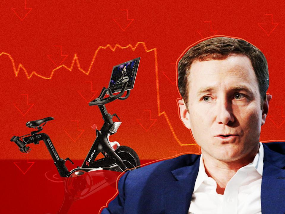 John Foley, CEO of Peloton, next to a sunken peloton bike on a red background with down arrows and a graph of PTON stocks