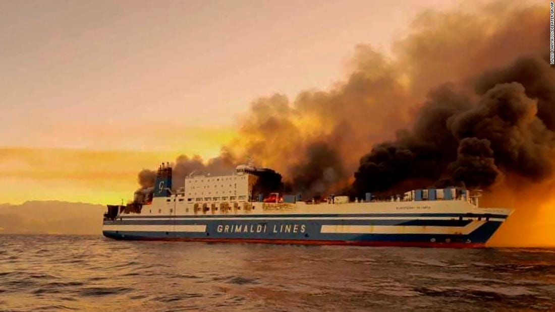 Greek ferry fire: 12 passengers are still missing after a fire engulfed the Euroferry Olympia