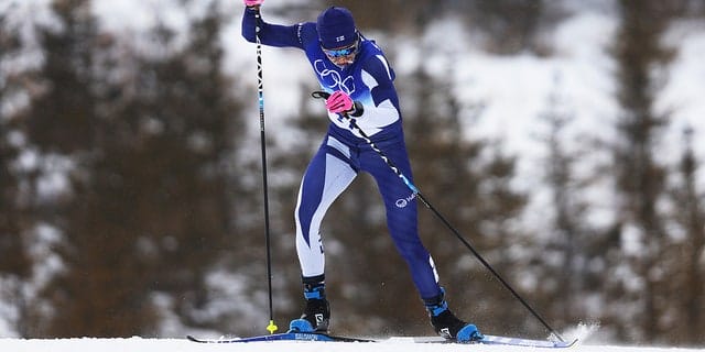 Remy Lindholm of Team Finland competes during the men's 50km free cross country ski on day 15 of the Beijing 2022 Winter Olympics at the National Cross Country Ski Center on February 19, 2022 in Zhangjiakou, China.  The event distance was shortened to 30km due to weather conditions.  (Photo by Lars Baron/Getty Images)