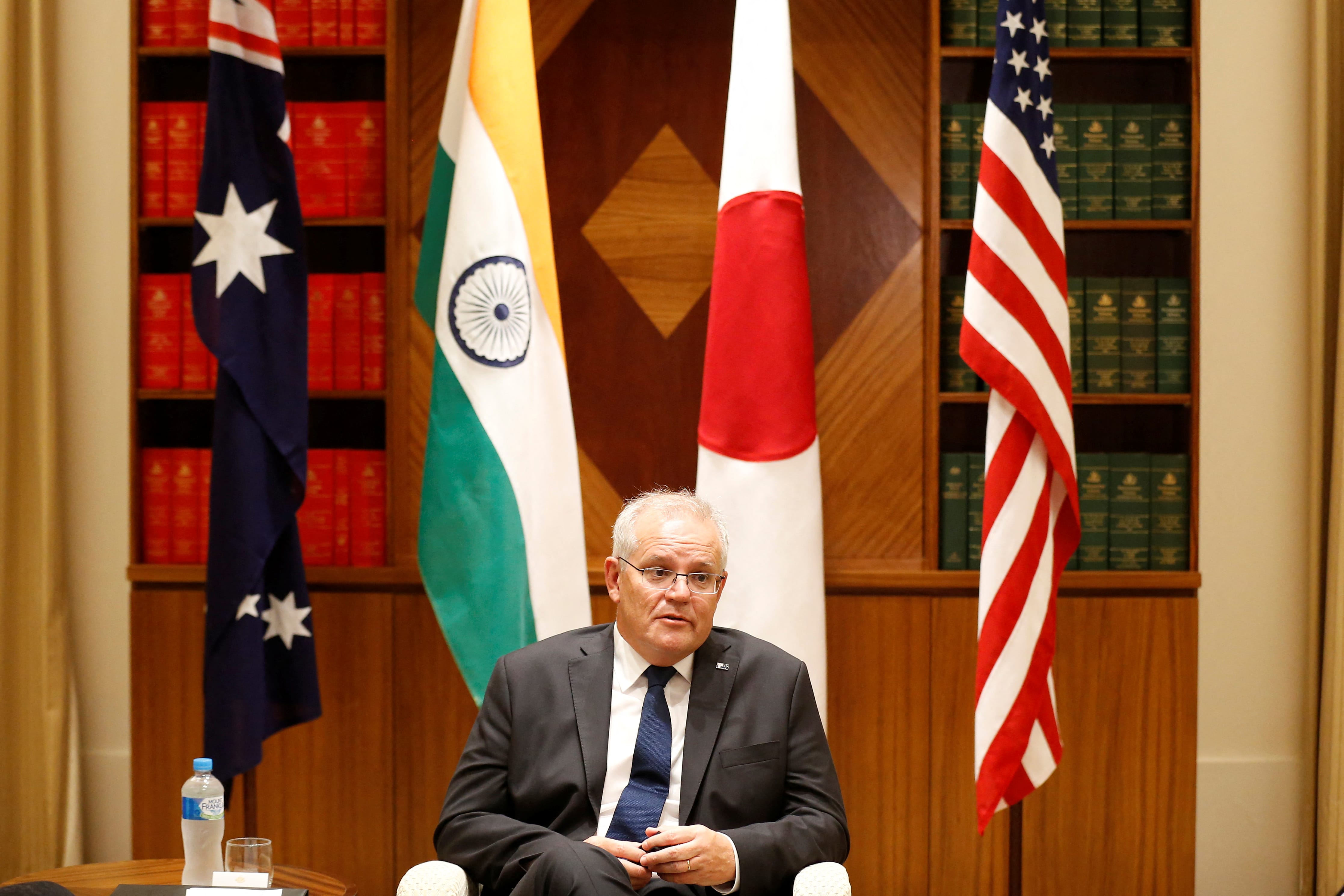 Australian Prime Minister Scott Morrison speaks to the media at the Commonwealth Parliament Office in Melbourne, in Melbourne, Australia, February 11, 2022. Darrian Traynor/Pool via REUTERS