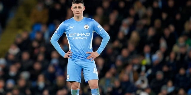 Manchester City's Phil Foden during a Premier League soccer match between Manchester City and Tottenham Hotspur at the Etihad Stadium in Manchester, England, Saturday, February 19, 2022.